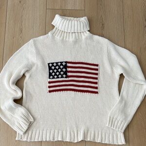 Coldwater Creek American Flag Sweater Medium Chunky Knit Turtleneck USA Cotton